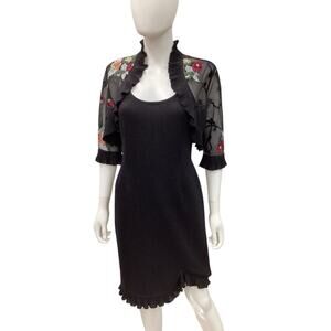 Elana Set Women’s SZ S Knitted Dress+ Sheer/Net Bolero Embroidered Flowers Black